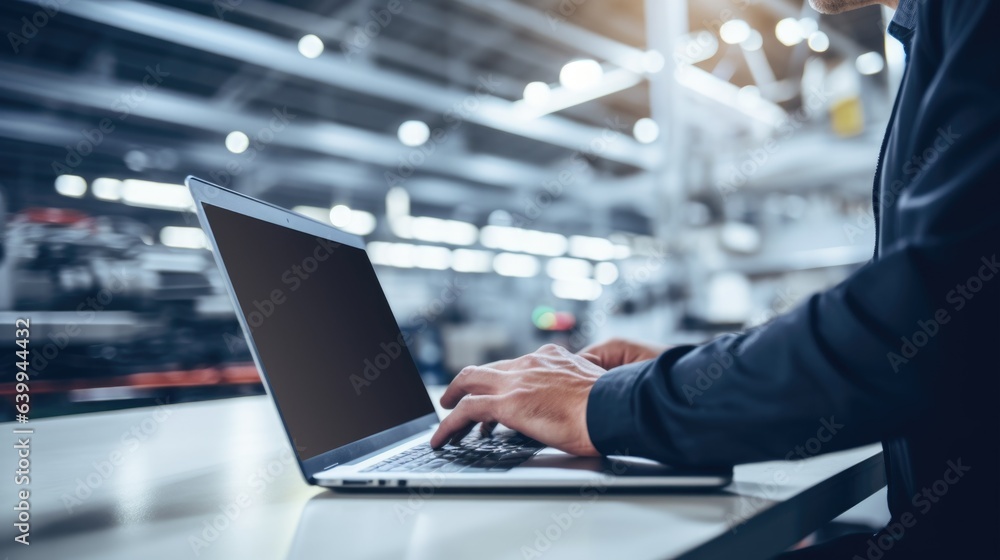 Poster automobile factory engineer in work uniform with laptop computer, blurred factory background. genera