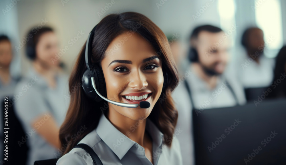 Poster portrait of a smiling customer service agent, call center operator. generative ai