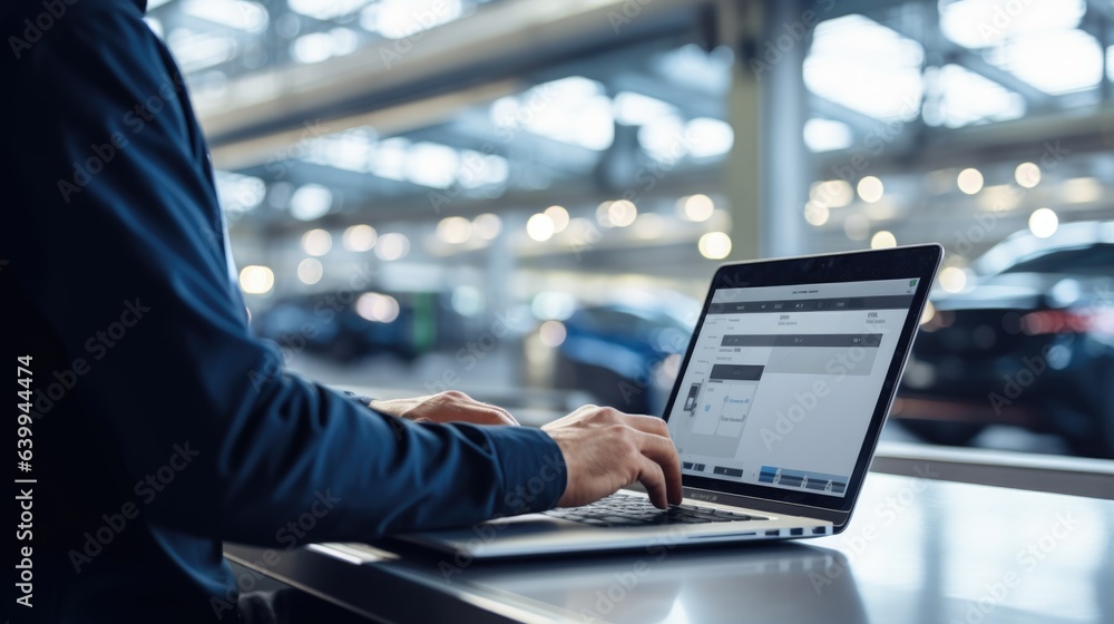 Poster automobile factory engineer in work uniform with laptop computer, blurred factory background. genera