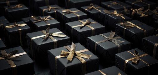 Arranged present gifts boxes wrapped in black paper with gold ribbon on black background