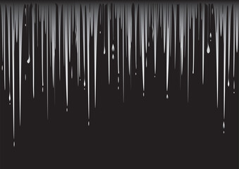Template with running water border, melting icicles. Abstract background with black lines, falling snow falling on empty black background.