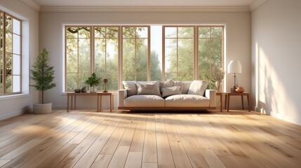 Fototapeta na wymiar Aesthetic minimalist composition of japandi living room interior. Beige couch, coffee tables with table lamp, decorative vases with live plants, wooden floor, large windows. Home decor. Template.