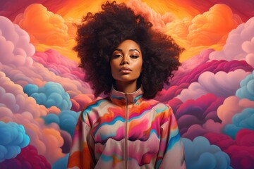 Ethnic woman surrounded by colorful clouds - obrazy, fototapety, plakaty