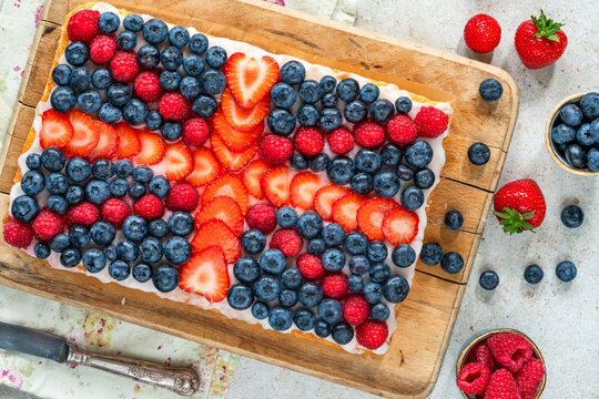 Union Jack cake decorated with fresh fruit