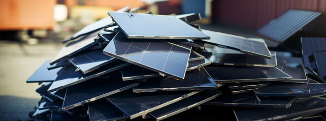 A dump of broken solar panel recycle . End of life renewable energy hardware solar panel. hard to recycle mass production hardware, Recycling problem concept. Generative ai