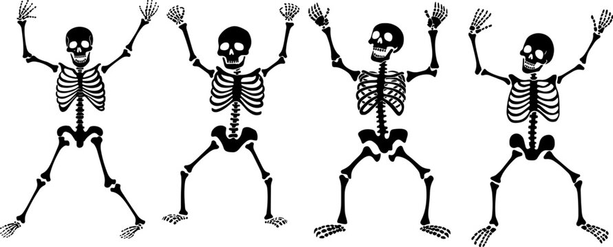 Halloween skeletons silhouette are dancing. Spooky season vector illustration.