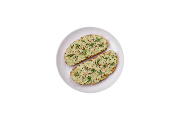 Grilled toast with avocado paste, eggs, cream cheese, salt, spices and herbs