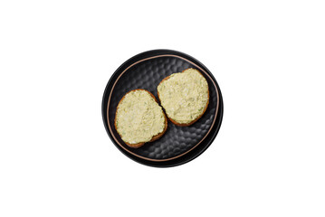 Grilled toast with avocado paste, eggs, cream cheese, salt, spices and herbs