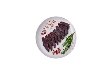 Delicious dried smoked beef or horse meat jerky with spices and salt