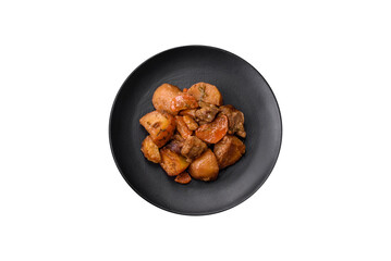 Delicious fresh cooked stew with pork meat or beef with potatoes, carrots, spices and herbs