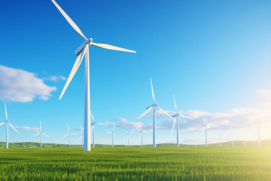 Wind Turbines Generating Electricity on a Green Meadow. Renewable energy concept. Digital Ai