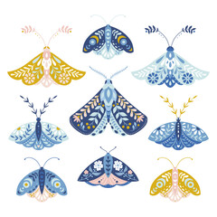 Vector folk art moths set isolated on a white background