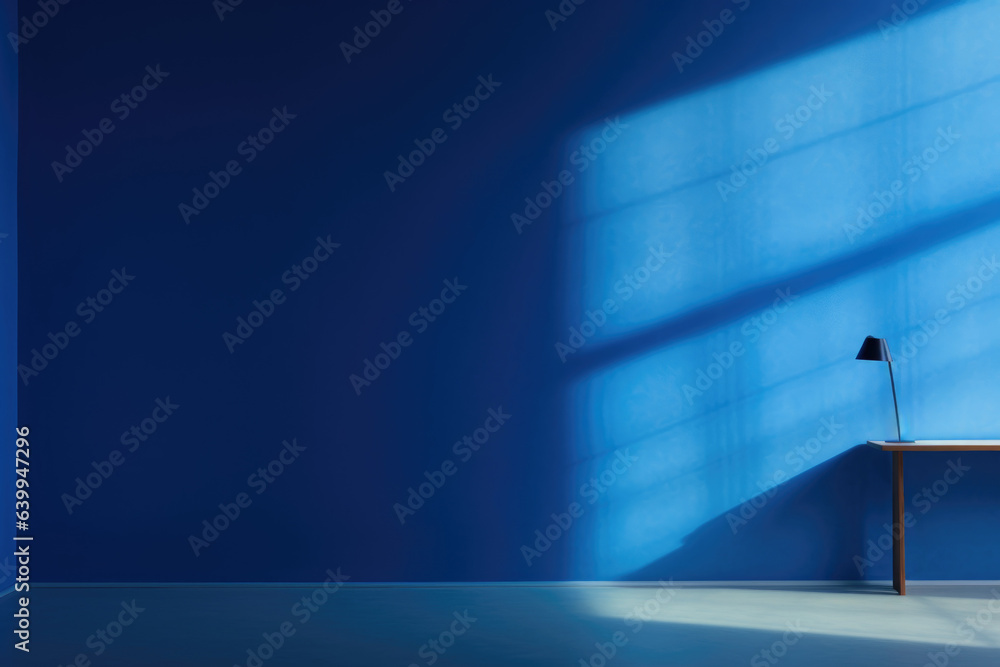 Poster empty blue room with table and lamp. generative ai