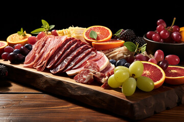 Delectable Charcuterie decorated with Fruits on Wooden Board. Digital Ai
