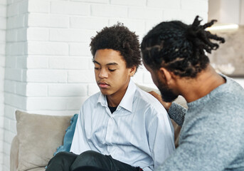 father son family man child conversation talking parent boy discussion communication together male...