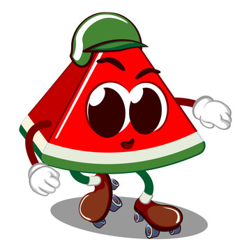 recommend clip art: Vector mascot, cartoon and illustration of a cute cut watermelon skating on roller skates wearing a safety helmet