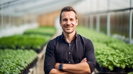 Portrait of an agronomist in a greenhouse with plants in the background . Generative Ai