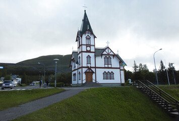 Fototapeta na wymiar Husavik Church, Skj lfandi Bay, Iceland