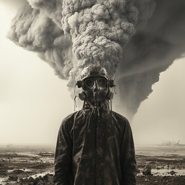 A man stands in a gas mask against the backdrop of a nuclear explosion during the day. Stormy sky, shock wave against the background of a nuclear mushroom