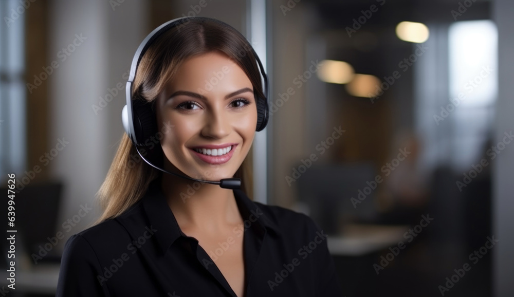 Poster portrait of a smiling customer service agent, call center operator. generative ai
