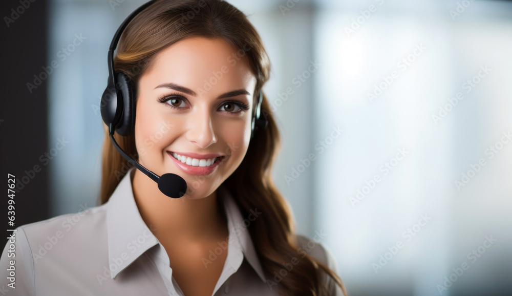 Poster portrait of a smiling customer service agent, call center operator. generative ai