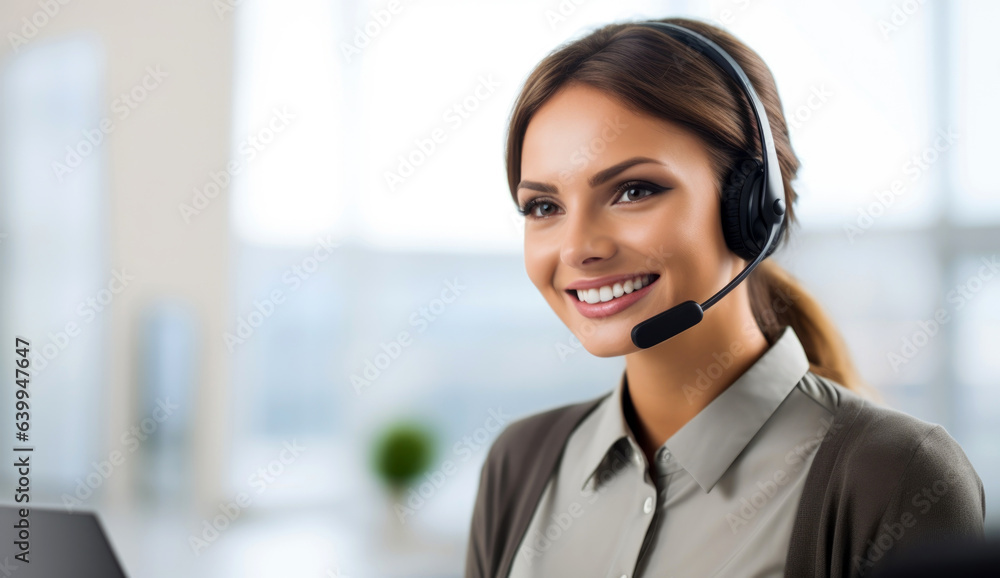 Poster portrait of a smiling customer service agent, call center operator. generative ai