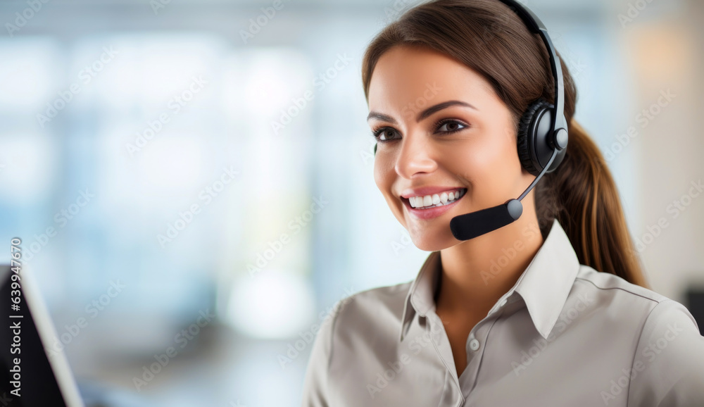 Poster portrait of a smiling customer service agent, call center operator. generative ai