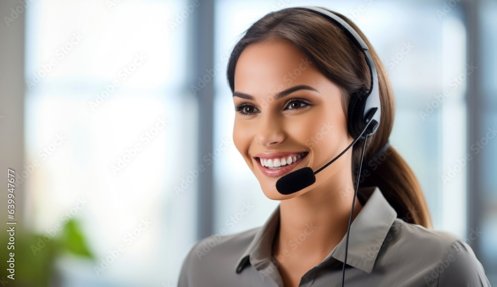 Poster portrait of a smiling customer service agent, call center operator. generative ai