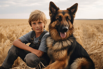 Friendship, lifestyle, animals concept. Young boy kid with German shepherd dog in cereal field. Dog and human best friends concept. Generative AI