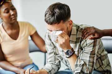 psychotherapy meeting woman support group man therapy psychology patient psychologist sad emotion depression pain communication help  talking  cry crying tear tears hug hugging friend friendship