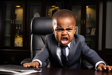 portrait of angry black toddler in a suit sitting at desk in office, ai generated