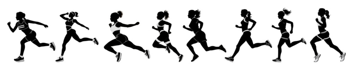 Fototapeta na wymiar Run. Running women, vector set of isolated silhouettes