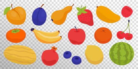 Set of cherry, orange, lemon, watermelon, melon, blueberry, bananas, raspberry, strawberry, pomegranate, plum, persimmon, apricot, peach, pear, apple. Fruits and berries on transparent background