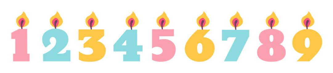 Birthday candles in the form of numbers, kids' party decorations. Vector illustration in flat cartoon style on white background