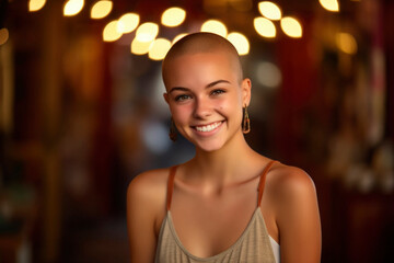 Portrait of smiling young hairless woman with cancer after chemotherapy