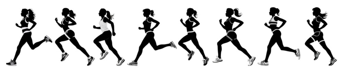 Run. Running women, vector set of isolated silhouettes