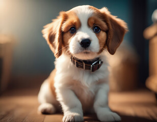 portrit of a beagle puppy sitting on the floor