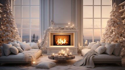 Fototapeta premium Interior of classic white living room with Christmas decor. Blazing fireplace, garlands, burning candles, elegant Christmas tree, comfortable couches, large windows with winter forest view.