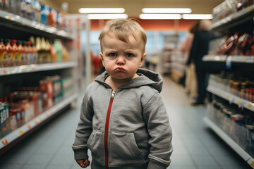 portrait of angry toddler in a supermarket, ai generated - obrazy, fototapety, plakaty