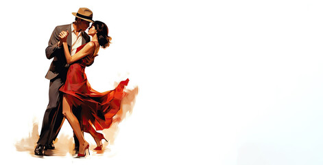 Couple of professional tango dancers in elegant suit and dress pose in a dancing movement on white background.