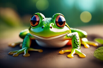 macro shot of a green frog on jungle