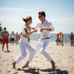 Young couple dancing passionately on the beach in sunny weather.