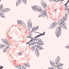Seamless floral pattern with large watercolor rosehip flowers in delicate winter colors. Botanical design with hand drawn realistic flowers, leaves, branches on a light background. Vector illustration
