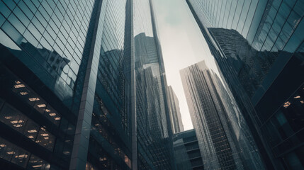 Fototapeta na wymiar Reflective skyscraper business office buildings. Bottom up view of big modern city urban landscape.
