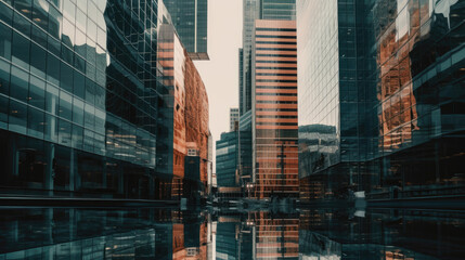 Fototapeta premium Reflective skyscraper business office buildings. Bottom up view of big modern city urban landscape.