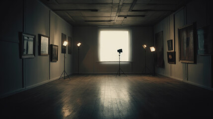 Room blank white floor frame spot design interior wood vintage background lamp exhibition scene light wall grunge.