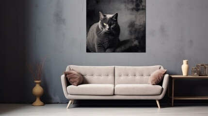 Modern loft living room interior in gray tones with a poster with a black kitten.