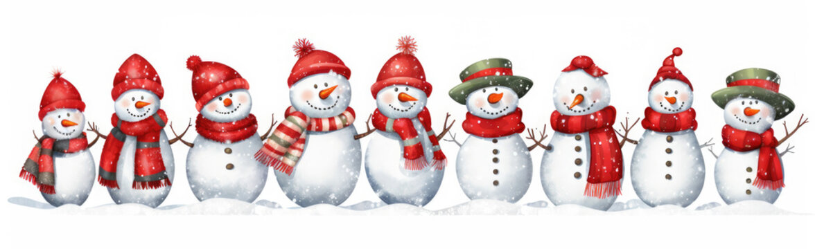 Cartoon of Cute snowmen rejoice in winter holidays. Seamless border. Christmas background. Snowmen in red winter clothes under the snow.
