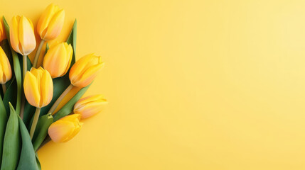 Greeting card of bouquet of yellow tulips on a pastel yellow background with copy space