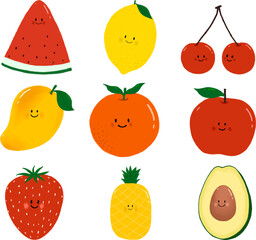 Cartoon fruits characters, cute style, fruits collection, Vector food illustration, happy fruits